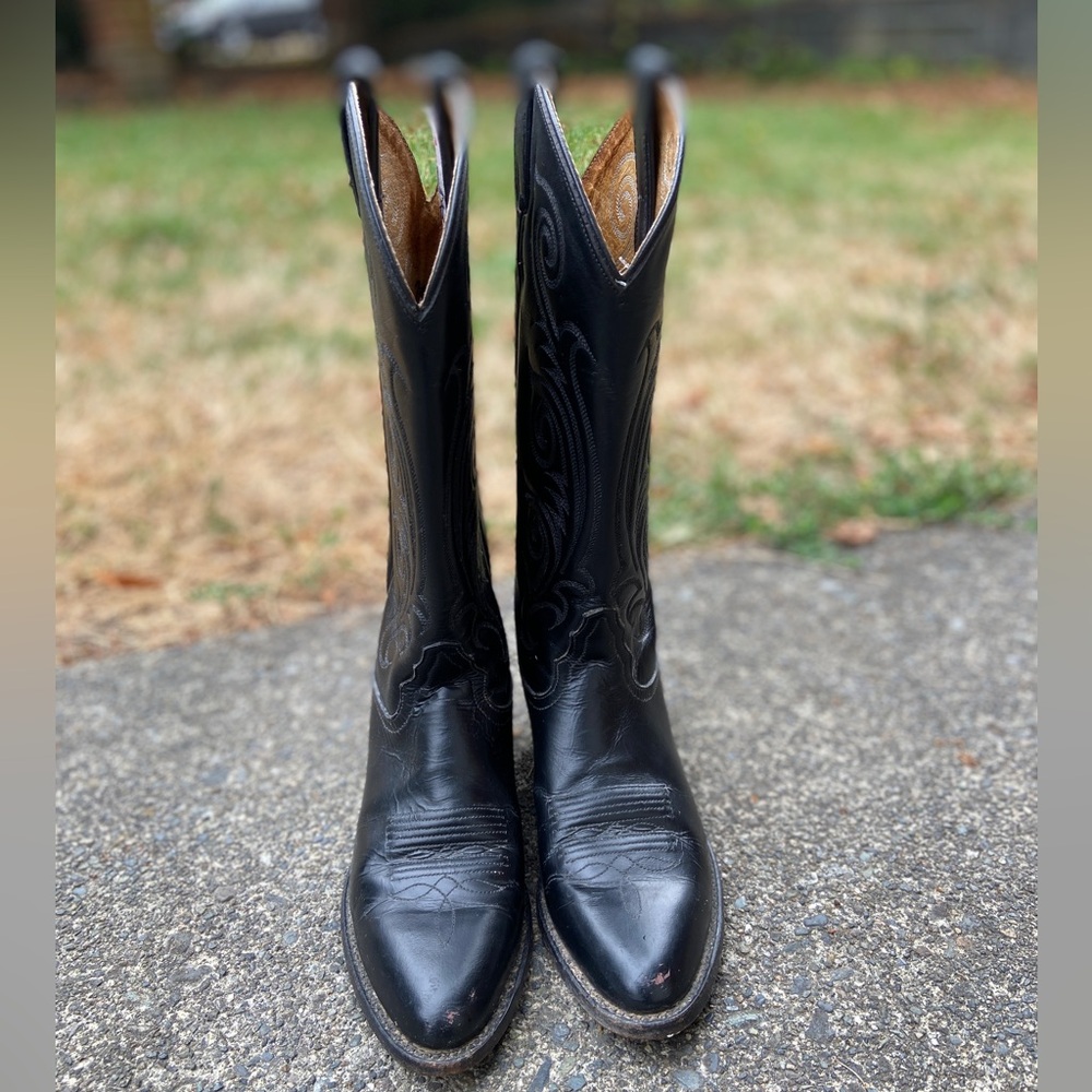 Tony Lama Black Leather Western Heeled Boots - Picture 7 of 15